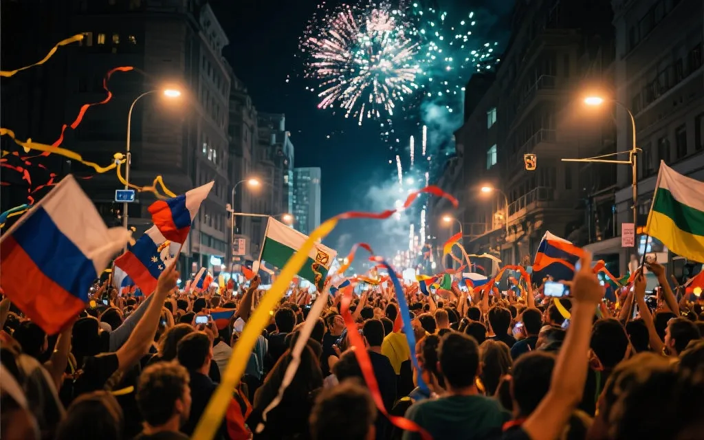 世界杯决赛夜的城市街头庆祝场景，人群挥舞旗帜，烟花与灯光交织，纪录片风格